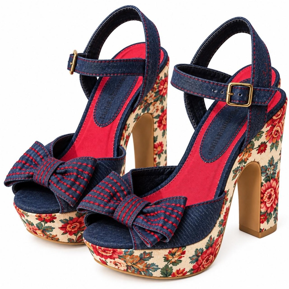 Archival Y2K Floral Denim Platform Heels Sz 10 Bow Chunky Boho Rampage